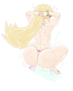 1girl ass ass_shake bakemonogatari blonde_hair blush bracelet breasts feet female_focus high_heels highres huge_ass jewelry kyojiri_loli loli long_hair looking_at_viewer looking_back monogatari_(series) oshino_shinobu plank_(zfzt7835) pointy_ears shoes small_breasts smile solo squatting thighs thong twerking underwear white_background yellow_eyes