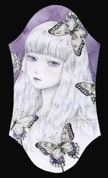 1girl blunt_bangs bug butterfly dress expressionless highres insect long_hair looking_at_viewer original painting_(medium) parted_lips purple_eyes ringo_komachi solo traditional_media upper_body watercolor_(medium) white_dress white_hair