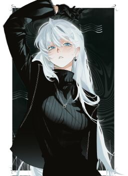 Rule 34 | 1girl, angelica (project moon), arm up, black gloves, black jacket, black sweater, blue eyes, blush, border, breasts, commentary, earrings, gloves, highres, jacket, jewelry, library of ruina, long hair, long sleeves, looking up, necklace, parted lips, project moon, ribbed sweater, ring, ring necklace, single earring, solo, sweater, theheavenpit, turtleneck, turtleneck sweater, upper body, very long hair, white border, white hair