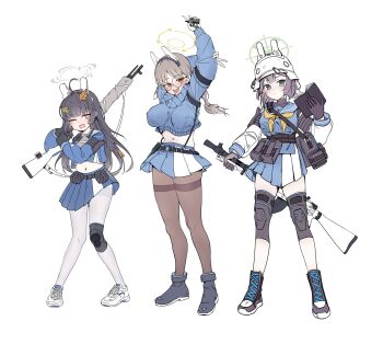 3girls absurdres ahoge ammunition_pouch animal_ears ankle_boots arm_behind_head arms_up bag black_hair black_pantyhose black_shoes blue_archive blue_serafuku blue_skirt blue_sweater blush bolt_action book boots breasts bright_pupils brown_hair chinese_commentary combat_helmet commentary_request commission cropped_sweater detonator drooling fake_animal_ears full_body gang_shi_shao_e_fan glasses gloves green_halo grey_halo gun halo hand_on_own_elbow hand_up helmet highres holding holding_book holding_detonator holding_gun holding_weapon knee_pads knees_together_feet_apart lahti-saloranta_m/26 large_breasts leaf leaf_on_head long_hair long_sleeves looking_at_viewer midriff miyu_(blue_archive) moe_(blue_archive) mosin-nagant multiple_girls navel neckerchief one_eye_closed open_mouth pantyhose pleated_skirt pouch purple_gloves purple_hair rabbit_ears red_eyes rifle round_eyewear saki_(blue_archive) school_uniform serafuku shoes short_hair shoulder_bag simple_background single_knee_pad skirt smile sneakers stahlhelm standing sweater tactical_school_uniform thighband_pantyhose twintails v weapon white_background white_helmet white_pantyhose white_shoes yellow_eyes yellow_halo yellow_neckerchief