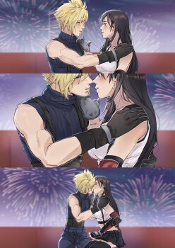 1boy 1girl armor baggy_pants bare_shoulders belt belt_buckle black_gloves black_hair black_skirt black_thighhighs blonde_hair blue_eyes blue_pants blue_sweater blush breasts buckle closed_eyes cloud_strife collarbone commentary couple cowboy_shot crop_top earrings elbow_gloves elbow_pads final_fantasy final_fantasy_vii final_fantasy_vii_rebirth final_fantasy_vii_remake fingerless_gloves fireworks glint gloves gondola hand_on_another's_back hands_on_another's_shoulders hetero highres jewelry kiss large_breasts long_hair looking_at_another low-tied_long_hair midriff multiple_belts night pants parted_lips pudelmudel red_eyes ribbed_sweater sequential short_hair shoulder_armor single_arm_guard single_bare_shoulder single_earring single_elbow_pad sitting skirt sky sleeveless sleeveless_turtleneck spiked_hair suspenders sweater symbol-only_commentary tank_top teardrop_earrings thighhighs tifa_lockhart turtleneck turtleneck_sweater upper_body white_tank_top zettai_ryouiki