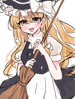 1girl apron black_dress black_hat blonde_hair bow braid breasts broom buttons commentary cowboy_shot dress fang frills hair_between_eyes hair_bow hands_up hat hat_bow heart heart_in_eye highres holding holding_broom kirisame_marisa long_hair looking_at_viewer medium_breasts open_mouth pinafore_dress puffy_short_sleeves puffy_sleeves raruse06 shirt short_sleeves simple_background single_braid sleeveless sleeveless_dress smile solo standing symbol-only_commentary symbol_in_eye tongue touhou turtleneck turtleneck_shirt waist_apron wavy_hair white_apron white_background white_bow white_shirt witch_hat yellow_eyes