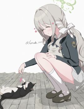 1girl absurdres animal black_bow black_bowtie black_jacket blazer blue_archive blush bow bowtie braid breasts cat closed_eyes closed_mouth clothes_lift collared_shirt commentary_request dress_shirt green_halo grey_hair grey_skirt hair_between_eyes hair_bow hair_intakes hair_ribbon halo haruka2485 highres jacket long_hair long_sleeves medium_breasts miyo_(blue_archive) plaid_clothes plaid_skirt pleated_skirt ribbon ribbon_braid school_uniform shirt skirt skirt_lift smile socks squatting very_long_hair wavy_hair white_bow white_ribbon white_shirt white_socks yellow_eyes