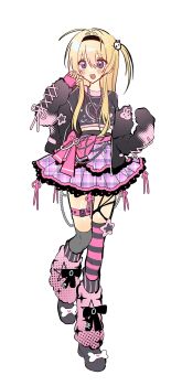 1girl absurdres ahoge alion_9715 alternate_costume alternate_hairstyle asymmetrical_legwear belt black_hairband black_shirt blonde_hair blush bone_print breasts chaos;head clothing_request colored_petticoat commentary_request cropped_shirt cross cross_necklace full_body hair_ornament hairband happy highres jewelry korean_commentary long_hair looking_at_viewer mismatched_legwear necklace nishijou_nanami open_mouth petticoat pink_skirt pink_trim purple_eyes science_adventure shirt skirt skull_hair_ornament sleeves_past_wrists small_breasts smile solo striped_clothes striped_thighhighs thigh_belt thigh_strap thighhighs white_background