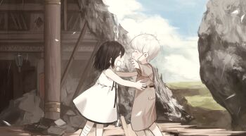 2girls absurdres bandaid bandaid_on_cheek bandaid_on_face black_hair broken_wall character_request child closed_eyes deemo dress echo_(deemo) from_side grey_skirt hands_on_another&#039;s_waist highres ic_(iccccccccc81) multiple_girls open_mouth pillar profile short_hair sidelocks skirt sleeveless sleeveless_dress tearing_up white_dress white_hair