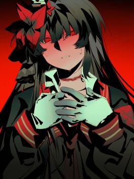 1088888888 1girl armband black_hair black_shirt chinese_commentary collared_shirt commentary_request flower gloves gradient_background hair_flower hair_ornament hands_up highres long_hair long_sleeves looking_at_viewer looking_down mahou_shoujo_no_majo_saiban necktie nervous_sweating nikaido_hiro parted_lips red_armband red_background red_eyes red_necktie red_sailor_collar rope_mark_on_neck rope_marks sailor_collar shirt solo sweat upper_body white_gloves