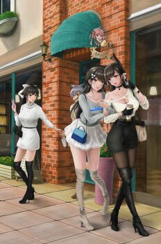 4girls absurdres atago_(azur_lane) azur_lane bag belt black_footwear black_legwear blouse boots bow breasts cellphone choker choukai_(azur_lane) cleavage cleavage_cutout clothing_cutout cup day disposable_coffee_cup disposable_cup dress elbow_carry full_body gloves grey_shirt hair_between_eyes hand_up handbag high-waist_skirt high_heel_boots high_heels highres holding holding_cup holding_hands huge_filesize jewelry leather leather_gloves lipstick locked_arms long_hair maidigou makeup maya_(azur_lane) multiple_girls nail_polish necklace off_shoulder ornate_ring outdoors pantyhose pencil_skirt phone ponytail ring saratoga_(azur_lane) shirt siblings sisters skirt standing stiletto_boots stiletto_heels storefront sweater takao_(azur_lane) thigh_boots thighhighs thighs turtleneck turtleneck_dress very_long_hair white_bow white_dress white_footwear