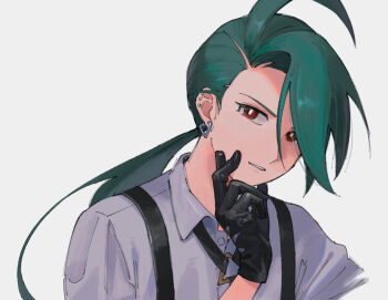 Rule 34 | 1girl, ahoge, androgynous, black gloves, bright pupils, check commentary, collared shirt, commentary, commentary request, ear piercing, earrings, gloves, green hair, hand on own chin, hand up, hatemadeimym, jewelry, long hair, looking at viewer, low ponytail, nintendo, parted hair, parted lips, piercing, pokemon, pokemon sv, ponytail, red eyes, rika (pokemon), shirt, solo, suspenders, triangle earrings, white background, white pupils