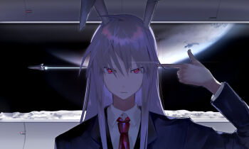 1girl absurdres animal_ears babaiwan_fengchui black_jacket blazer closed_mouth collared_shirt commentary earth_(planet) english_commentary expressionless finger_gun finger_gun_to_head highres jacket long_hair long_sleeves looking_at_viewer mixed-language_commentary necktie on_moon planet purple_hair rabbit_ears rabbit_girl red_eyes red_necktie reisen_udongein_inaba shirt solo spacecraft touhou white_shirt