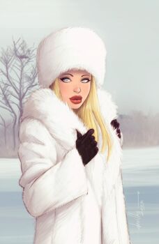 1girl bare_tree black_gloves blonde_hair blue_eyes coat day devilhs fur_coat fur_hat gloves grey_sky hat highres long_hair looking_to_the_side original outdoors signature sky snow solo thick_lips tree upper_body ushanka white_coat white_hat