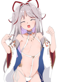 1girl :d ^_^ areola_slip braid breasts closed_eyes collarbone commentary_request commission copyright_request detached_sleeves facing_viewer grey_hair groin hair_intakes highres long_hair long_sleeves multicolored_hair navel nurikabe_kagome_(sennen_sensou_aigis) nyaru_(nyaru_4126) open_mouth panties purple_hair revealing_clothes sennen_sensou_aigis side-tie_panties simple_background skeb_commission small_breasts smile solo two-tone_hair two_side_up underwear very_long_hair white_background white_panties white_sleeves wide_sleeves