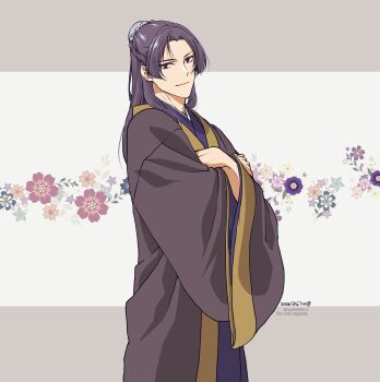 Rule 34 | 1boy, absurdres, border, bun cover, chinese clothes, closed mouth, commentary request, cowboy shot, crossed arms, dated, floral background, grey border, hair bun, half updo, highres, jinshi (kusuriya no hitorigoto), kusuriya no hitorigoto, light smile, long hair, looking at viewer, male focus, parted bangs, pink eyes, purple hair, purple robe, robe, solo, takehide, twitter username, wide sleeves