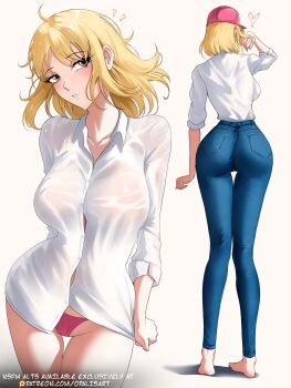 1girl alternate_eye_color ass barefoot baseball_cap blonde_hair blue_pants breasts brown_eyes button_gap cha_hae-in curvy denim hat highres jeans large_breasts multiple_views opalis panties pants parted_lips pink_hat pink_panties shirt short_hair solo_leveling underwear white_shirt wide_hips