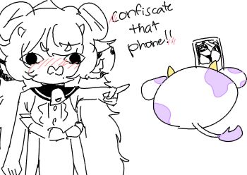 1girl animal_ears blush cow_ears cow_tail double_bun embarrassed english_text hair_bun horns long_hair mini_moo mole muu_muyu muu_muyu_(artist) neck_bell panties phase_connect phone shirt sleeveless sleeveless_shirt spread_legs tail underwear very_long_hair virtual_youtuber white_background