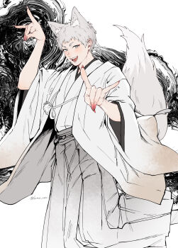 1boy absurdres animal_ear_fluff animal_ears arms_up commentary_request double_fox_shadow_puppet eyeliner fingernails fox_boy fox_ears fox_shadow_puppet fox_tail grey_eyes grey_hair highres hikaru_ga_shinda_natsu indou_hikaru japanese_clothes layered_clothes leg_up light_blush long_sleeves looking_at_viewer makeup male_focus open_mouth red_eyeliner red_nails red_pupils sharp_fingernails short_eyebrows short_hair smile solo sono_nu standing standing_on_one_leg tail teeth twitter_username wide_sleeves