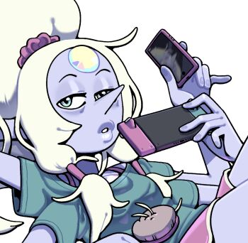 1girl alternate_costume blue_eyes casual cellphone chest_jewel colored_skin commentary discount-supervillain english_commentary extra_arms forehead_jewel gem gem_(steven_universe) hair_brush hair_ornament hair_scrunchie iphone lips long_hair low-tied_sidelocks nintendo_switch opal_(gemstone) opal_(steven_universe) phone pointy_nose ponytail purple_skin scrunchie shirt shorts sidelocks simple_background smartphone solo steven_universe t-shirt very_long_hair white_hair