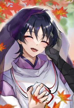 Rule 34 | 1boy, absurdres, armor, autumn leaves, black hair, blunt ends, blurry, blurry background, blush, bridal gauntlets, closed eyes, clothing cutout, colored skin, disembodied hand, eyelashes, eyeliner, eyeshadow, facing viewer, genshin impact, grey bridal gauntlets, grey skin, hand on own chest, happy, head tilt, highres, holding, japanese armor, japanese clothes, kariginu, kimono, kote, kurokote, layered sleeves, leaf, makeup, male focus, maple leaf, open mouth, outdoors, pom pom (clothes), purple kimono, purple sleeves, red eyeliner, red eyeshadow, renkon 25251020, scaramouche (genshin impact), scaramouche (kabukimono) (genshin impact), shoulder cutout, teeth, tongue, upper body, upper teeth only, white sleeves, wispy bangs