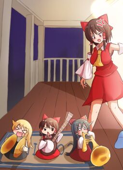 Rule 34 | > <, 4girls, :d, ai-generated art (topic), anger vein, ascot, banjo, black eyes, black hair, blonde hair, bow, brown eyes, brown hair, ccc star5, commentary request, cookie (touhou), cymbals, detached sleeves, frilled bow, frilled hair tubes, frills, full body, hair bow, hair tubes, hakurei reimu, highres, holding, holding instrument, holding trumpet, hotaruda (cookie), instrument, kirisame marisa, long hair, looking at another, mini person, minigirl, multiple girls, music, open mouth, playing instrument, porch, red bow, red eyes, red shirt, red skirt, reu (cookie), ribbon-trimmed sleeves, ribbon trim, sakenomi (cookie), shirt, short hair, sidelocks, skirt, skirt set, sleeveless, sleeveless shirt, smile, touhou, trumpet, uzuki (cookie), white sleeves, xd, yellow ascot