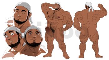 1boy absol_(dkqthf) arm_behind_head arm_hair ass back bandana bara beard blush broad_shoulders brown_eyes brown_hair character_request chest_hair chinstrap_beard commentary_request erection facial_hair foreskin girthy_penis grin jewelry large_testicles leg_hair male_focus mustache_stubble nipples nose pendant penis pubic_hair real_life reference_sheet ring simple_background smile stomach_hair stubble testicles thick_arms thick_eyebrows thick_thighs thighs veins veiny_arms veiny_legs watermark white_background white_bandana