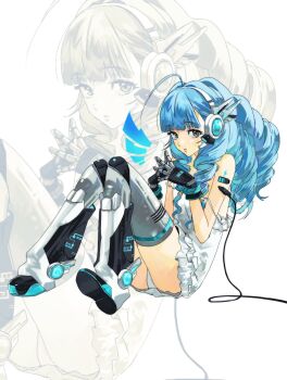 1girl ahoge android bare_shoulders battery_indicator black_shoes blue_hair blue_shoes blunt_bangs breasts cable charger charging_person check_copyright closed_mouth commentary_request copyright_request cyber_fashion cyberpunk dress expressionless fluffy_hair frilled_dress frills full_body grey_eyes headphones highres joints korean_commentary lightning_bolt_symbol looking_at_viewer loose_socks mechanical_hands mechanical_legs multicolored_shoes original panties pantyshot ranxan0 recharging ringlets robot_joints sanpaku shoes sitting sleeveless sleeveless_dress small_breasts socks solo spaghetti_strap steepled_fingers strap_slip thighhighs two-tone_shoes underwear white_dress white_panties white_socks wi-fi_symbol zoom_layer