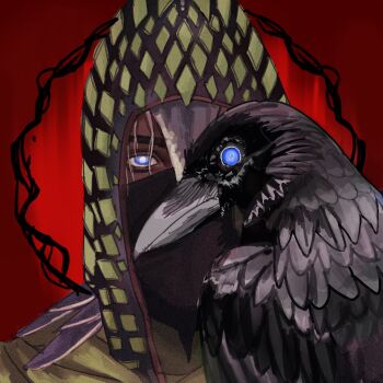 1boy animal armor bird black_mask blue_eyes bright_pupils close-up commentary crow dark_skin elden_ring elden_ring_nightreign english_commentary from_side green_hood highres ironeye_(elden_ring) loose_hair_strand mask mouth_mask portrait red_background scale_armor solo white_hair white_pupils zkxsd2hlk9upkuy