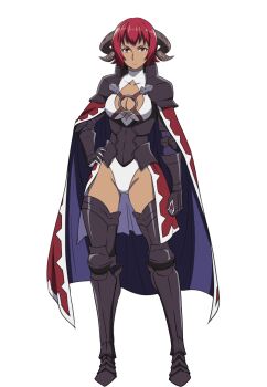 1girl amira_(chiyu_mahou) anime_coloring armor black_armor breasts brown_horns chiyu_mahou_no_machigatta_tsukaikata cleavage cloak closed_mouth collarbone curled_horns dark-skinned_female dark_skin demon_girl demon_horns flipped_hair full_body gauntlets greaves hand_on_own_hip horns large_breasts leotard long_sleeves looking_at_viewer o-ring official_art red_cloak red_eyes red_hair short_hair shoulder_armor simple_background solo standing tanabe_kenji transparent_background white_leotard