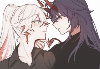 Rule 34 | 2girls, black shirt, blue eyes, blunt bangs, closed mouth, collarbone, collared shirt, couple, cross, cross earrings, earrings, from side, hair between eyes, high ponytail, honkai (series), honkai impact 3rd, horns, jewelry, kiana kaslana, kiana kaslana (herrscher of flamescion), light blush, long hair, long horns, looking at another, looking down, multicolored hair, multiple girls, nervous, nervous sweating, parted lips, ponytail, purple eyes, purple hair, raiden mei, raiden mei (herrscher of thunder), red horns, riejiu, shirt, standing, streaked hair, sweat, upper body, wavy hair, white hair, yuri