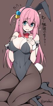 Rule 34 | 1girl, animal ears, bare shoulders, black leotard, blue eyes, bocchi the rock!, breasts, brown background, brown pantyhose, cleavage, commentary request, cube hair ornament, fake animal ears, gotoh hitori, hair ornament, highres, leotard, long hair, looking at viewer, open mouth, pantyhose, pink hair, playboy bunny, rabbit ears, serebi ryousangata, simple background, solo