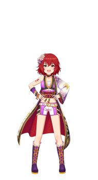 1girl belt boots full_body hair_ornament hands_on_own_hips idol_clothes idolmaster idolmaster_cinderella_girls idolmaster_cinderella_girls_starlight_stage japanese_clothes lace-up_boots murakami_tomoe official_art open_mouth red_eyes red_hair short_shorts shorts solo tattoo transparent_background