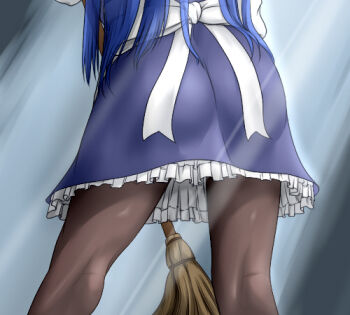 1girl alice_(ragnarok_online) ass back_bow blue_dress blue_hair bow broom brown_pantyhose commentary_request dress frilled_dress frills from_behind grey_background haty holding holding_broom long_hair lower_body lowres pantyhose ragnarok_online solo white_bow
