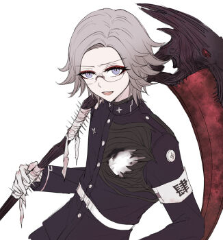 1boy aotsuki_eito armband ars_(pixiv10918667) black_jacket chinese_commentary commentary_request eyeliner gakuran glasses gloves grey_hair highres holding holding_scythe holding_weapon jacket last_defense_academy_school_uniform looking_at_viewer makeup male_focus open_mouth purple_eyes red_eyeliner ringed_eyes school_uniform scythe short_hair solo spikes teeth the_hundred_line_-last_defense_academy- upper_teeth_only weapon white_armband white_background white_gloves
