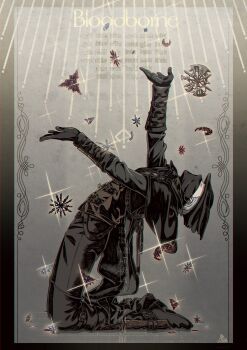 1boy absurdres belt bloodborne closed_eyes gem gloves grey_hair hat highres hunter_(bloodborne) kamezaemon male_focus mask shine tricorne