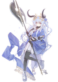 1girl absurdres animal_ears arknights axe black_gloves black_pantyhose blue_hair blue_shawl character_request chinese_commentary commentary_request cow_horns dress frown gloves highres holding holding_axe horns laurel_crown long_hair looking_at_viewer pantyhose pink_eyes sao7 shawl shoes simple_background sky solo standing standing_on_one_leg very_long_hair wavy_hair white_background white_dress white_shoes