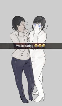 2girls aradia_(megami_tensei) black_hair black_pants covered_face demon_(megami_tensei) dialogue_box emoji english_text faceless faceless_female full_body grey_background hand_on_another&#039;s_waist hashtag-only_commentary high_heels highres joy_emoji multiple_girls pants peacoat philipposole shin_megami_tensei shin_megami_tensei_iii:_nocturne short_hair takao_yuko