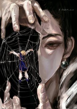 Rule 34 | blonde hair, blue tabard, chrollo lucilfer, commentary, doeun o o, earrings, highres, hunter x hunter, jewelry, kurapika, mini person, miniboy, pale skin, short hair, silk, spider web, symbolism, tabard, untranslatable commentary