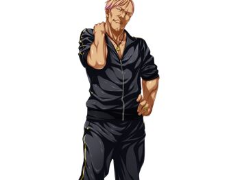 1boy asaoka_masaru black_jacket black_pants blonde_hair closed_mouth collared_jacket facial_hair feet_out_of_frame furrowed_brow goatee gyaruo hand_on_own_hip hand_on_own_neck jacket jewelry kedamono-tachi_no_sumu_ie_de looking_at_viewer male_focus muscular necklace nose pants pectoral_cleavage pectorals serious simple_background solo standing takeda_hiromitsu tan thick_arms track_jacket track_pants track_suit zipper