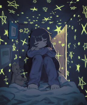 1girl absurdres barefoot blue_pajamas blue_pants blue_shirt blush_stickers brown_hair closed_eyes commentary_request dark dot_nose full_body highres knees_up long_hair long_sleeves on_bed original pajamas pants parted_lips picture_frame romaji_commentary shirt sitting solo star_(symbol) stuffed_animal stuffed_toy teddy_bear zinbei