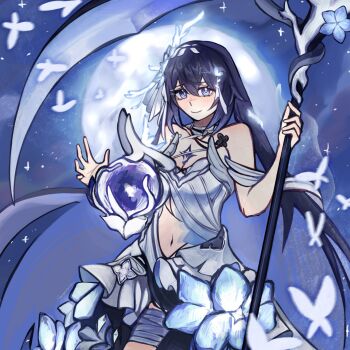 Rule 34 | 1girl, bare shoulders, blue hair, breast tattoo, breasts, clothing cutout, colored inner hair, commentary, dress, english commentary, flower, full body, hair flower, hair ornament, highres, holding, holding scythe, honkai (series), honkai impact 3rd, long hair, medium breasts, medium hair, multicolored hair, navel, navel cutout, night, night sky, sampignion, scythe, seele vollerei, seele vollerei (herrscher of rebirth), sky, smile, solo, tattoo, two-tone hair, very long hair, white dress