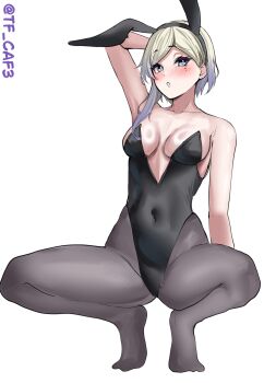 1girl absurdres animal_ear_hairband animal_ears arm_behind_head arm_up black_hairband black_leotard black_pantyhose blonde_hair blue_eyes blue_hair blush breasts collarbone covered_navel fake_animal_ears full_body gradient_hair hairband hashtag-only_commentary highres jean_bart_(kancolle) kantai_collection leotard long_sidelocks looking_at_viewer medium_breasts mole mole_under_eye multicolored_hair one-hour_drawing_challenge open_mouth pantyhose parted_bangs playboy_bunny rabbit_ear_hairband rabbit_ears short_hair_with_long_locks sidelocks simple_background solo squatting strapless strapless_leotard tf_cafe twitter_username white_background