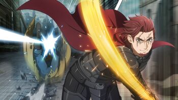 2boys anime_coloring armor asymmetrical_bangs attack_trail bell_cranel black_armor black_boots blue_pants boots brown_cloak cape cloak closed_mouth cuirass danmachi_battle_chronicle dungeon_ni_deai_wo_motomeru_no_wa_machigatteiru_darou_ka facial_hair game_cg goatee grey_eyes hair_slicked_back highres motion_blur multiple_boys non-web_source official_alternate_costume official_art on_ground outdoors pants pauldrons red_cape red_hair road ruins scar scar_across_eye scar_on_face short_hair shoulder_armor smile street time_paradox torn_cloak torn_clothes zald_(danmachi)