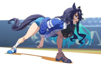 Rule 34 | 1girl, animal ears, baseball, baseball glove, blue eyes, blue hair, blue shorts, blush, ear covers, ear ornament, hair between eyes, highres, horse ears, horse girl, horse tail, jacket, leaning forward, long hair, mole, mole under eye, multicolored hair, nishiki kazue, open mouth, pitching, shirt, shoes, shorts, single ear cover, socks, sweat, tail, umamusume, verxina (umamusume), white shirt, white socks