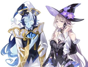 1boy 1girl ascot bare_shoulders black_choker black_dress black_hat blue_skin choker colored_skin commentary cookie_run cookie_run:_kingdom detached_sleeves dress flower grey_hair grin hat hat_flower herta_(honkai:_star_rail) highres honkai:_star_rail honkai_(series) long_hair long_sleeves looking_at_viewer monocle parted_lips pointy_ears purple_eyes purple_flower shadow_milk_cookie shadow_milk_cookie_(sage_of_truth) simple_background smile strapless strapless_dress the_herta_(honkai:_star_rail) upper_body very_long_hair white_ascot white_background white_hat witch_hat yaojingwangchudi