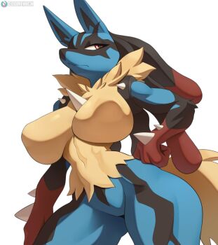 1girl blush breasts cooliehigh female_focus furry gen_4_pokemon gluteal_fold large_breasts lucario mega_evolution mega_lucario mega_pokemon narrowed_eyes nintendo nude pokemon pokemon_(creature) puffy_nipples pussy simple_background solo sweat thick_thighs thighs white_background