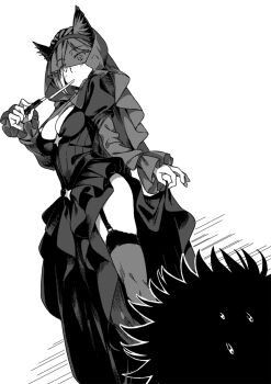 1boy 1girl animal animal_ears black_dress black_hair black_shoes black_tail black_veil breasts cat_ears cat_tail cleavage clothes_lift dress fake_animal_ears from_below funeral_dress garter_straps grey_hair grey_thighhighs greyscale haimura_kiyotaka halftone_dot_(medium) heel_up high_heels highres holding holding_knife juliet_sleeves kamijou_touma knife large_breasts lifting_own_clothes long_sleeves looking_at_viewer mina_mathers monochrome novel_illustration official_art out_of_frame puffy_sleeves shoes simple_background skirt skirt_hold skirt_lift spiked_hair standing star_ornament sweatdrop tail thighhighs toaru_majutsu_no_index toaru_majutsu_no_index:_new_testament veil white_background