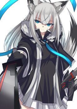 Rule 34 | 1girl, absurdres, animal ears, azur lane, black cape, black gloves, blue eyes, cape, commentary request, crossed bangs, fox ears, fox girl, fox tail, fur collar, gloves, hair between eyes, highres, holding, holding weapon, katana, kawakaze (azur lane), kawakaze (monochromatic interlude) (azur lane), long hair, long sleeves, looking at viewer, official alternate costume, outstretched arm, pleated skirt, simple background, siota1998, skirt, solo, sword, tail, upper body, weapon, white hair, wide sleeves