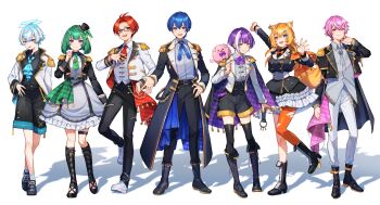 3girls 4boys :d :p absurdres animal_ear_fluff animal_ears antenna_hair aqua_hair ascot black_boots black_coat black_shoes black_skirt black_thighhighs blue_ascot blue_eyes blue_hair blue_ribbon boots bow bowtie buttons cat_ears cat_girl cat_tail character_request closed_mouth coat collared_shirt commentary_request copyright_request frilled_skirt frills full_body glasses green_hair green_necktie grey_jacket grey_skirt grey_vest hand_on_own_chest hat heterochromia high_heel_boots high_heels highres jacket jewelry lace-up_boots long_hair long_sleeves looking_at_viewer mini_hat mini_top_hat multicolored_hair multiple_boys multiple_girls neck_ribbon necklace necktie open_clothes open_coat open_jacket open_mouth orange_bow orange_bowtie orange_eyes orange_hair orange_pantyhose pants pantyhose parted_bangs pink_eyes pink_hair purple_hair red_hair red_necktie ribbon shadow shinishi_chiho shirt shoes short_hair simple_background single_leg_pantyhose skirt smile sneakers socks standing standing_on_one_leg tail thighhighs tongue tongue_out top_hat torn_clothes torn_pantyhose two-tone_hair vest white_background white_hair white_pants white_shirt white_shoes white_socks yellow_eyes