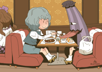 2girls bag blue_hair blue_skirt blue_vest booth_seating brown_hair brown_sandals cafe closed_mouth coffee coffee_mug commentary_request cup curry curry_rice feeding food full_body geta himekaidou_hatate holding holding_spoon indoors karakasa_obake long_sleeves mug multiple_girls onikobe_rin plate purple_umbrella rice sandals sandwich shirt shopping_bag short_hair sitting skirt smile socks solo_focus spoon table tatara_kogasa tongue touhou umbrella vest white_shirt white_socks |_|