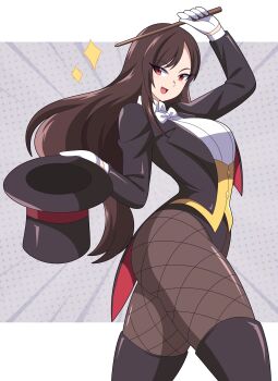 1girl absurdres abysswatchers black_hair blush boots bow breasts cleavage cosplay cowboy_shot dc_comics final_fantasy final_fantasy_vii fishnet_pantyhose fishnets gloves hat highres holding holding_unworn_clothes holding_unworn_hat holding_wand leotard long_hair looking_at_viewer magic_trick magician pantyhose solo thigh_boots tifa_lockhart top_hat unworn_hat unworn_headwear wand white_gloves zatanna_zatara zatanna_zatara_(cosplay)