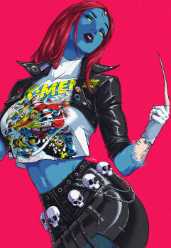 1girl black_jacket black_pants blue_skin colored_skin colossus_(x-men) commentary copyright_name cyclops_(x-men) english_commentary highres jacket jhony_caballero jubilee long_hair marvel midriff mystique navel nightcrawler omega_red pants parted_lips pink_background psylocke red_hair rogue_(x-men) shirt skull_ornament solo white_shirt wolverine_(x-men) x-men yellow_eyes