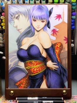 2girls architecture ayane_(doa) bare_shoulders breasts dead_or_alive detached_sleeves dress east_asian_architecture headband highres holding_own_arm japanese_clothes large_breasts leaf light_smile multiple_girls purple_dress purple_eyes red_eyes red_sash sash sash_bow short_hair stanley_lau